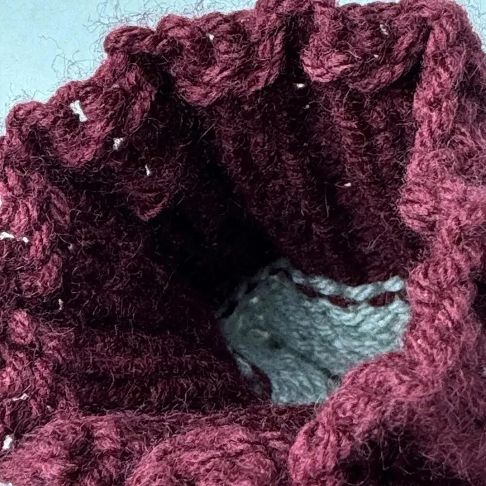 Hand Knit Mittens Burgundy Wine Red‎ Gray Stripe Adult 10”x5”
